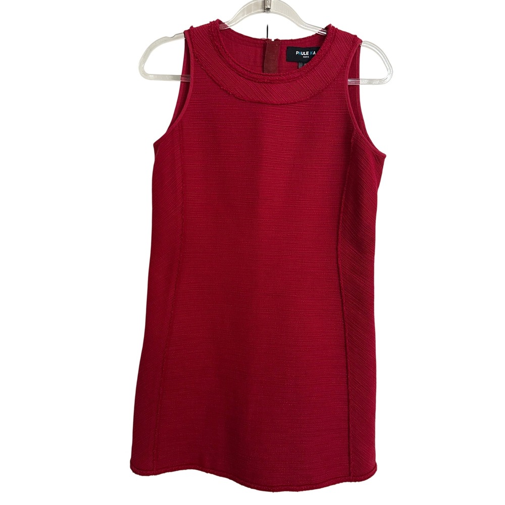 Paule Ka Paris Red Heavyweight Ribbed Knit Shift Dress Fringed Collar 40 US 8
